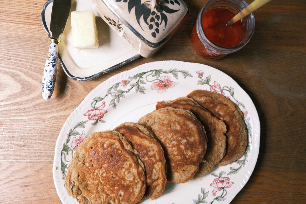 picture of einkorn pancakes with strawberry and rhubarb compote